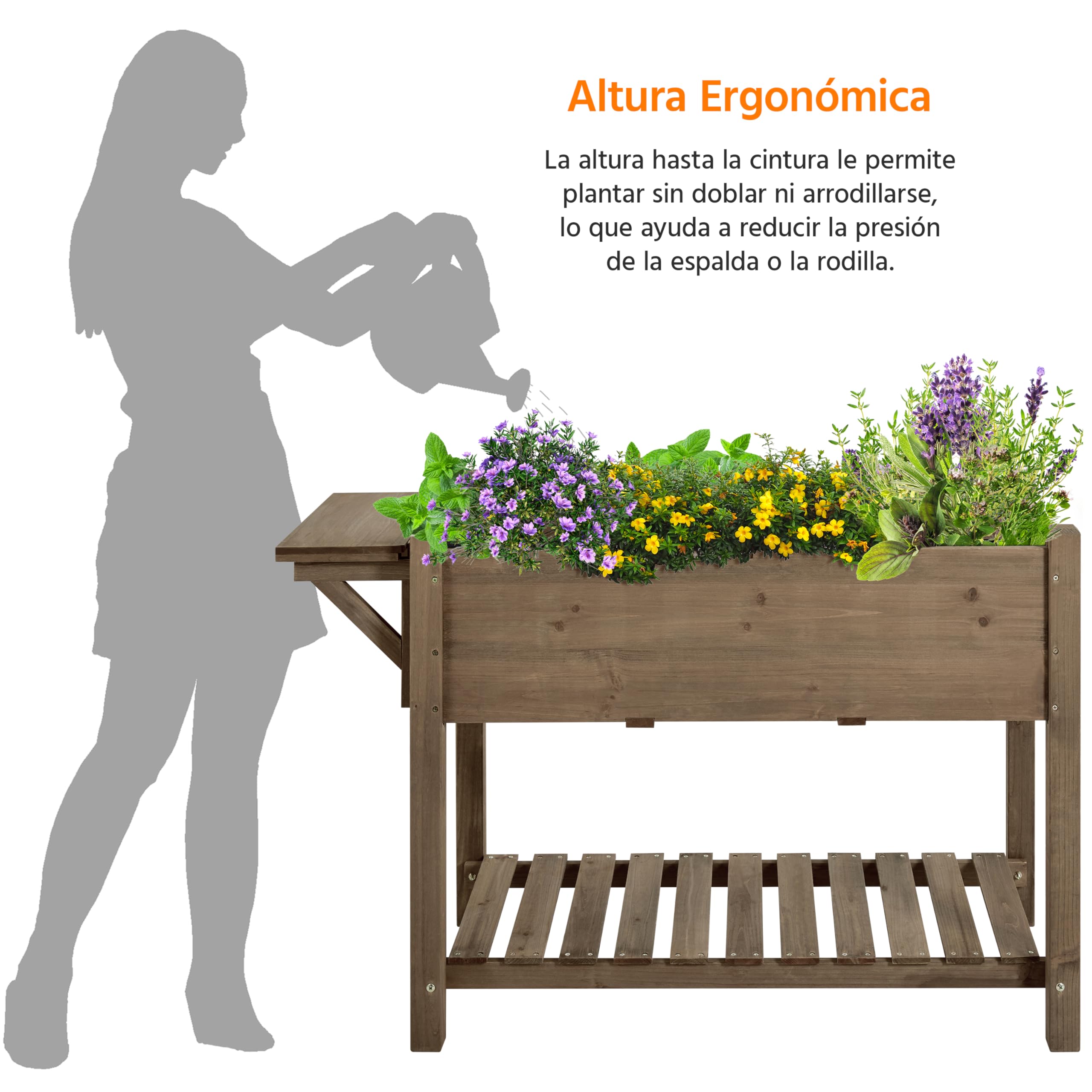Yaheetech Huerto Urbano con Estante 123,5x54x80cm Macetero Jardinera Elevada de Madera Abeto con Rejillas de Cultivo Extraíbles y Forro Interior de Tela para Jardín/Terraza/Balcón Marrón Oscuro
