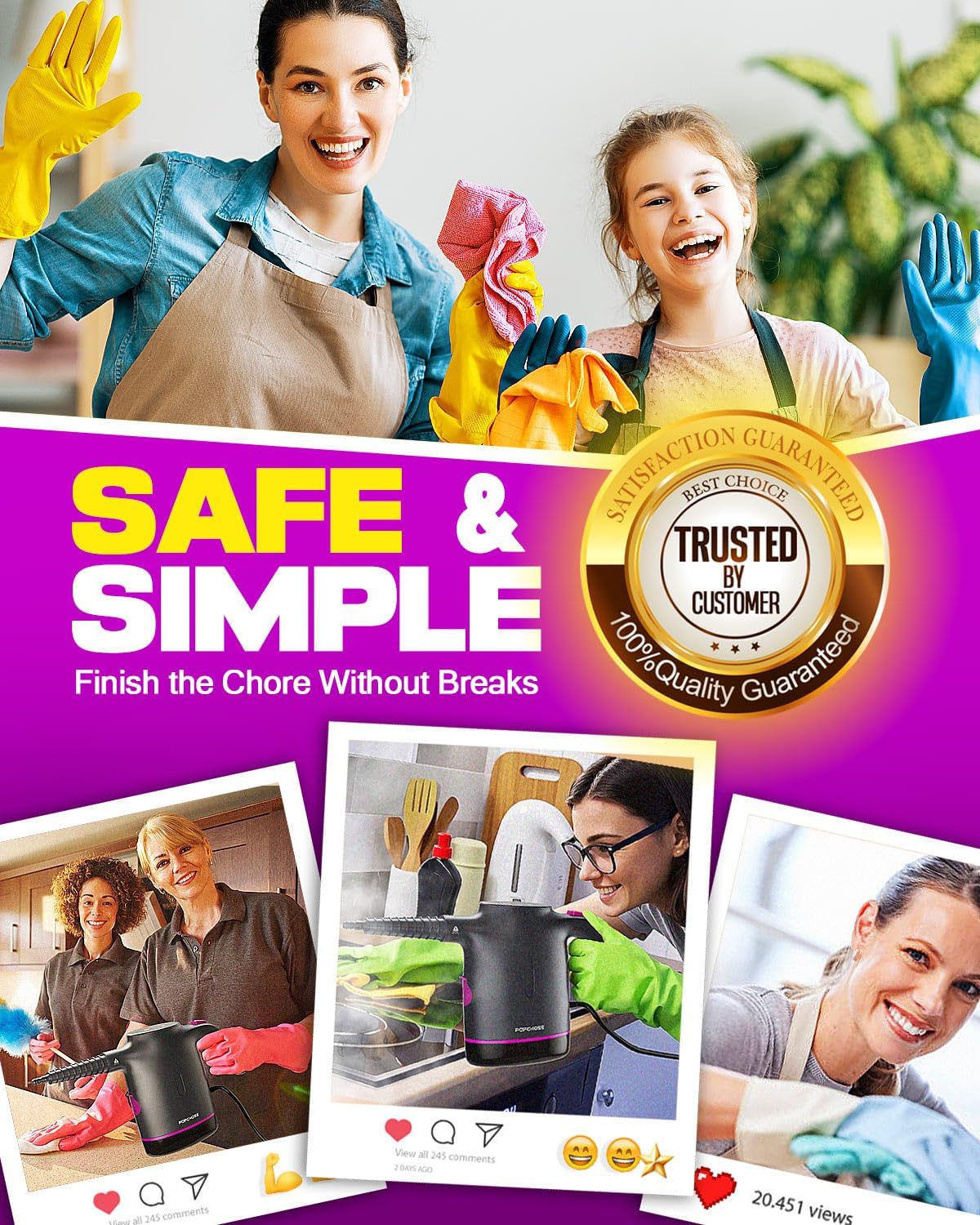 POPCHOSE Handheld Steam Cleaner for Home, Portable Pressurized Steamer for Cleaning Grout, Surfaces, Bathroom, Couch, 20S Fast Heat Up, 12 Accessories, Steam Adjustable, Safety Lock, Graypurple