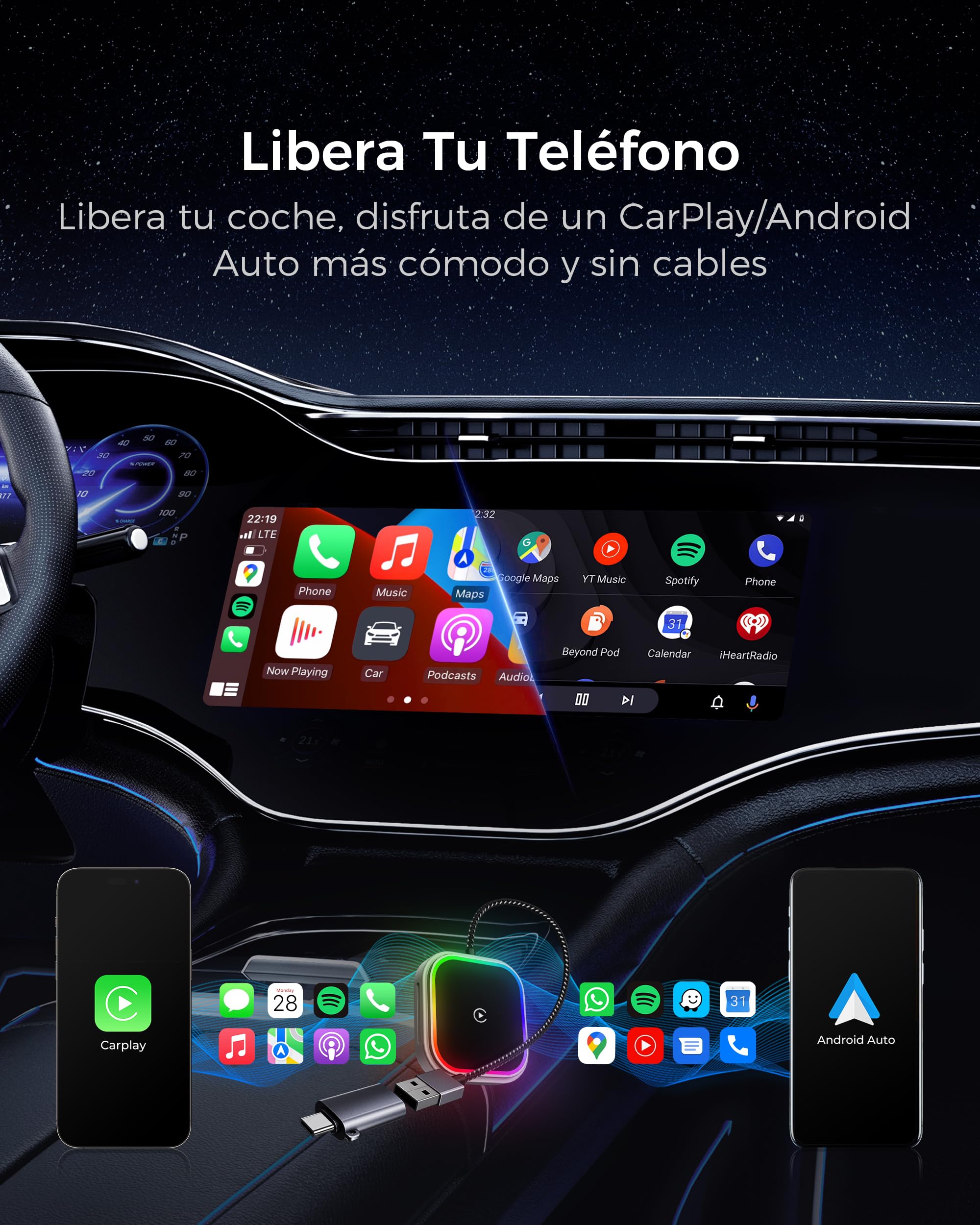 Adaptador CarPlay y Android Auto Inalámbrico con Luz Ambiental RGB, Doble Núcleo WiFi a 5,8 GHz, Bluetooth V5,3, Rápido y Estable, para Apple iPhone con iOS 10+, Smartphone Android 11+