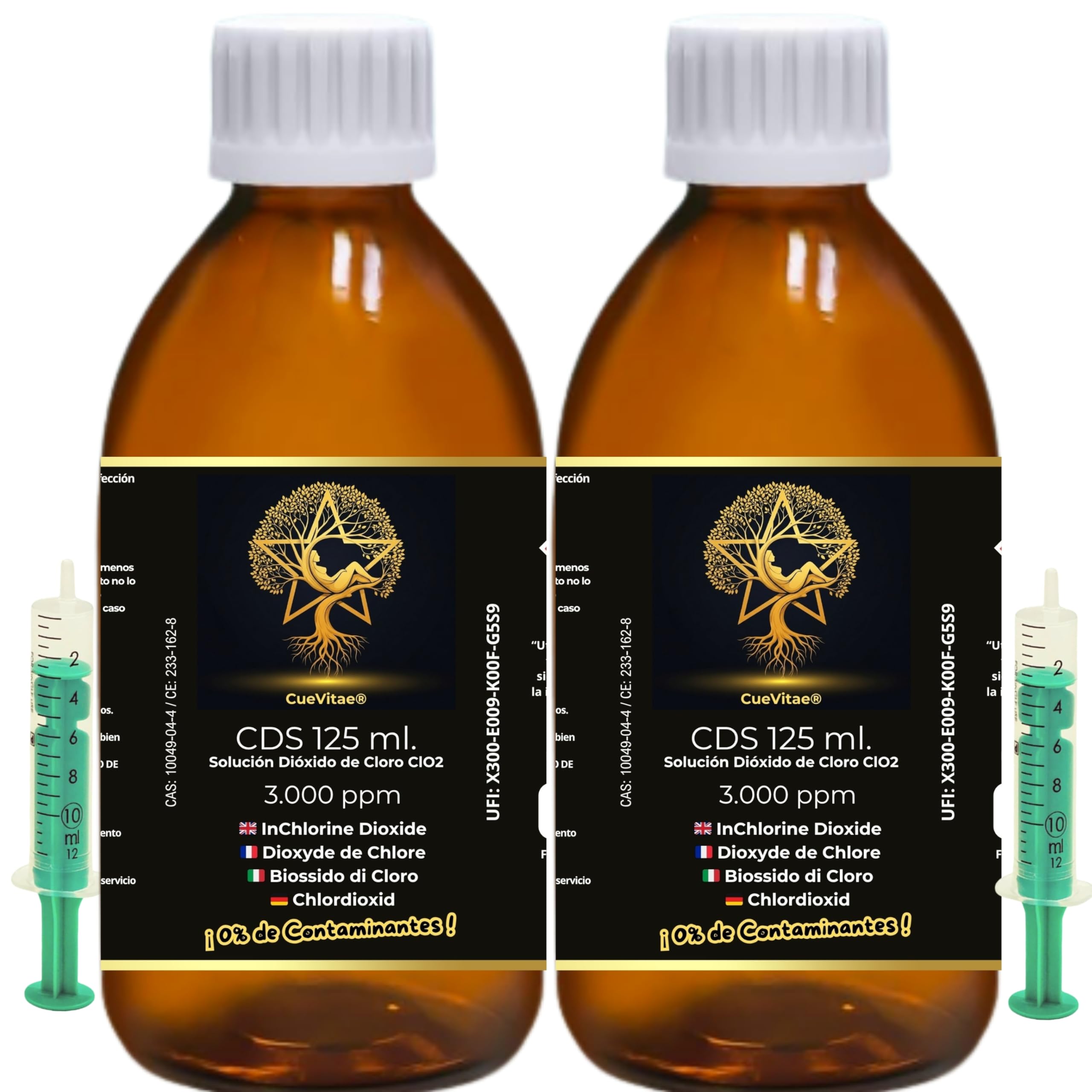 CDS 0,3% Dioxyde de Chlore | 2x125 ML | Lot 2 flacons verre ambré anti-UV avec équipement volumétrique, exclusif traitement d'eau, produit chimique technique.