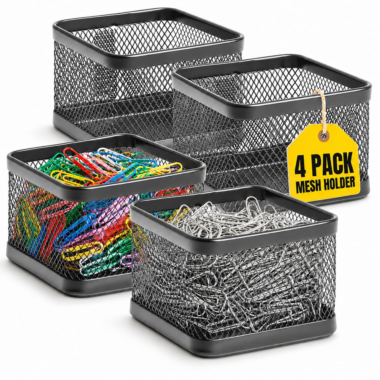 1InTheOffice - Porta accessori in rete metallica impilabile, 4 pezzi, colore: Nero opaco