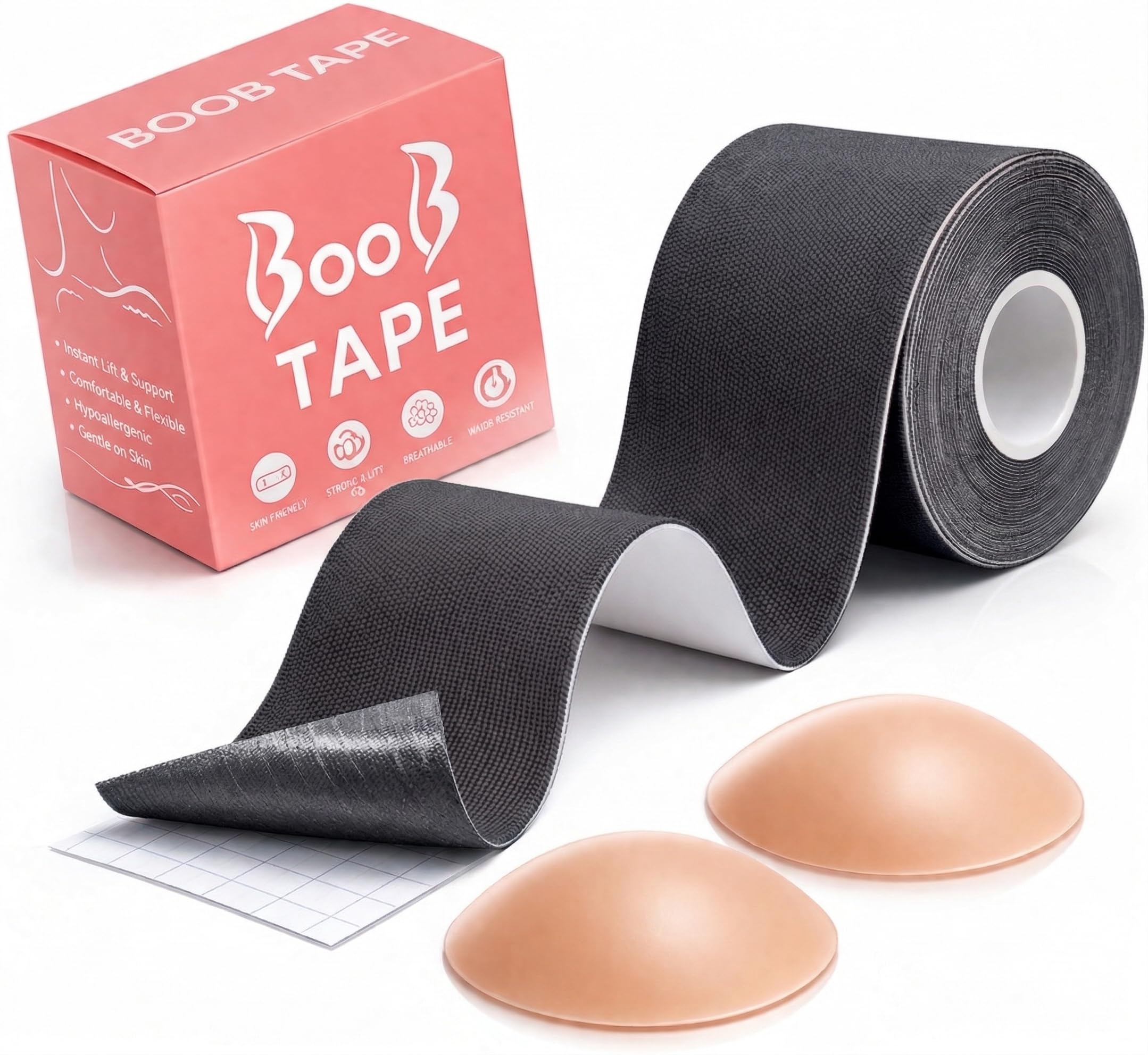 INTELLIGRON Boob Tape, Bob Tape for Large Breasts, Self-Adhesive Strapless Boobtapes with 2 Pcs Nipple Covers, 5M Stretchable Longer Roll, Perfect to Stick on Bra, Kinesiology Tape Black