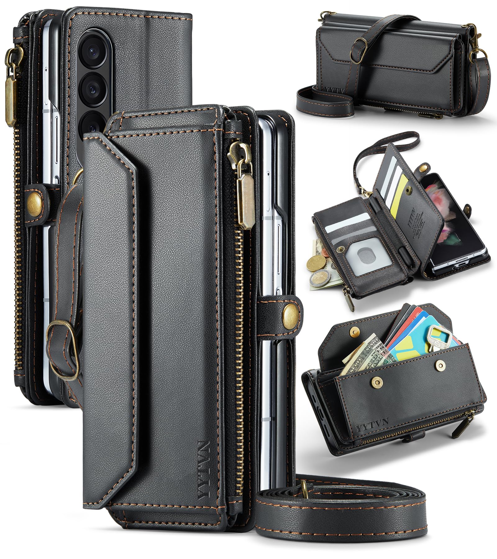 YYTVN for Samsung Galaxy Z Fold 3 Wallet Case with Zipper Card Holder & Crossbody Lanyard Strap & Wrist Strap, RFID Blocking PU Leather Magnetic Flip