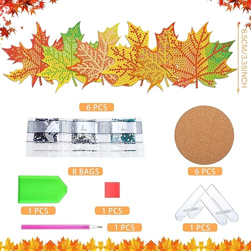Miniatura 3 de Kit de posavasos de pintura de diamantes con hojas de arce otoñales con soporte, 6 piezas de hojas de arce con purpurina para principiantes, niños,