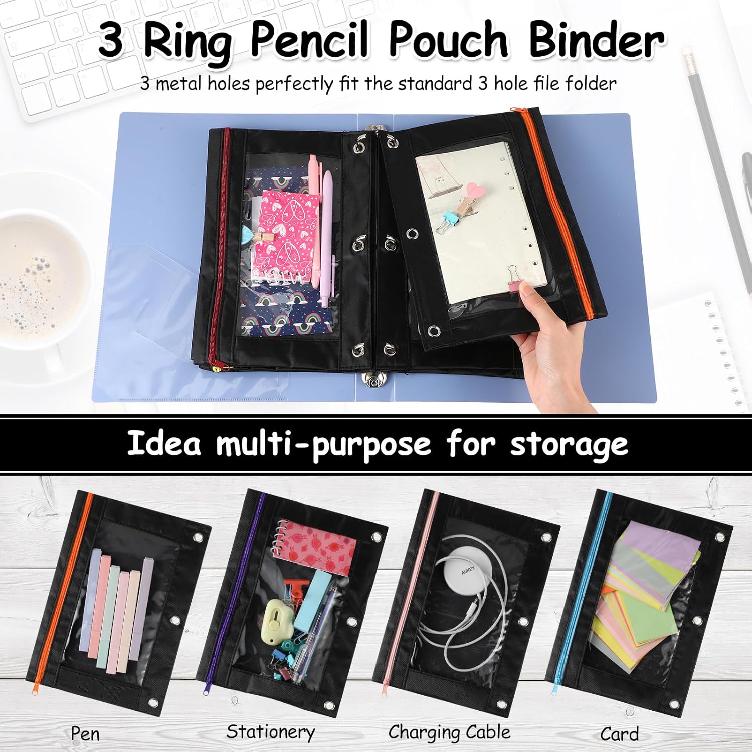 Leinuosen 64 Pcs Pencil Pouches Bulk 3 Ring Binder Pencil Case with Clear Window and Zipper Binder Pen Bag Stationery Pouch for Office School Classroom Supplies(Black Colorful) - Image 3