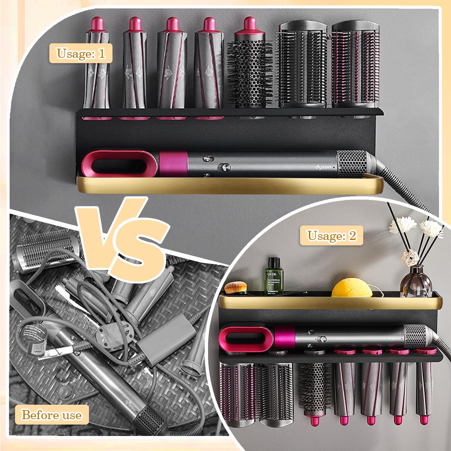 Glätteisenhalter Kompatibel mit Dyson Airwrap Wandhalterung Aufbewahrungsregal für Lockenstab Aufsätze und Komplett-Styler (Gold/Schwarz, mit Luftkissen-Kamm)