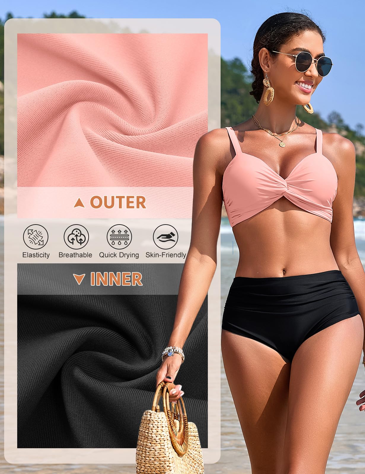 Nadeer Traje de Baño Sexy Push Up Cuello en V Dos Piezas Twist Front Bikini Control de Vientre Cintura Alta Ropa de Playa