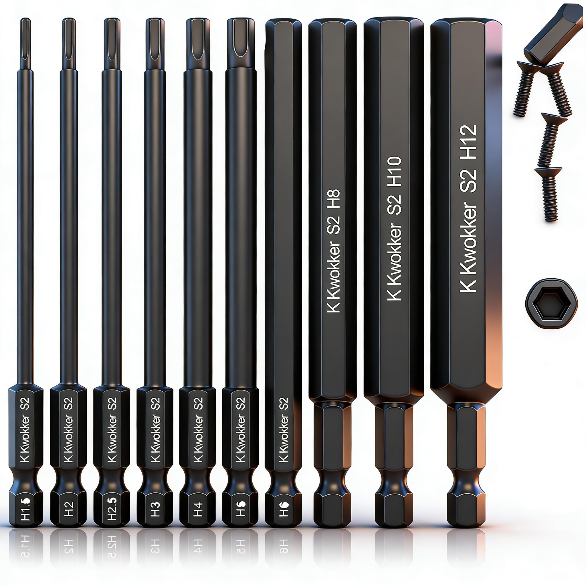 10PCS 100MM Allen Wrench Drill Bits, 1.5mm-12mm Black Allen Key Bit Set, 1/4 Inch Hex Shank Hex Screwdriver Bit Set for Assembling Furniture