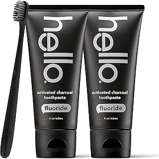 Hello Activated Charcoal Epic Teeth Whitening Fluoride Toothpaste and Toothbrush, Fresh Mint and Coconut Oil, Vegan, SLS Free, Gluten Free and Peroxide Free, 2 Count (Pack of 1)