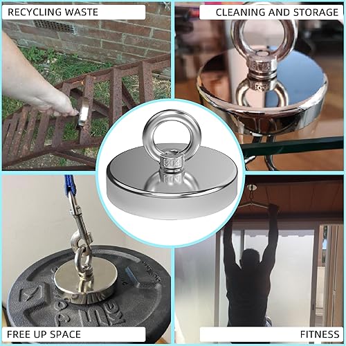 Miniatura 6 de Magnetpro Imán de pesca, más de 900 libras de fuerza de tracción fuerte imán de neodimio resistente, imanes de tierras raras con perno de ojo,