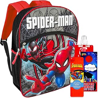 Spiderman Backpack for Boys Girls Kids - 5 Pc Bundle with 16" Spiderman School Backpack Bag, Water Bottle, Stickers, and More (Marvel School Supplies)