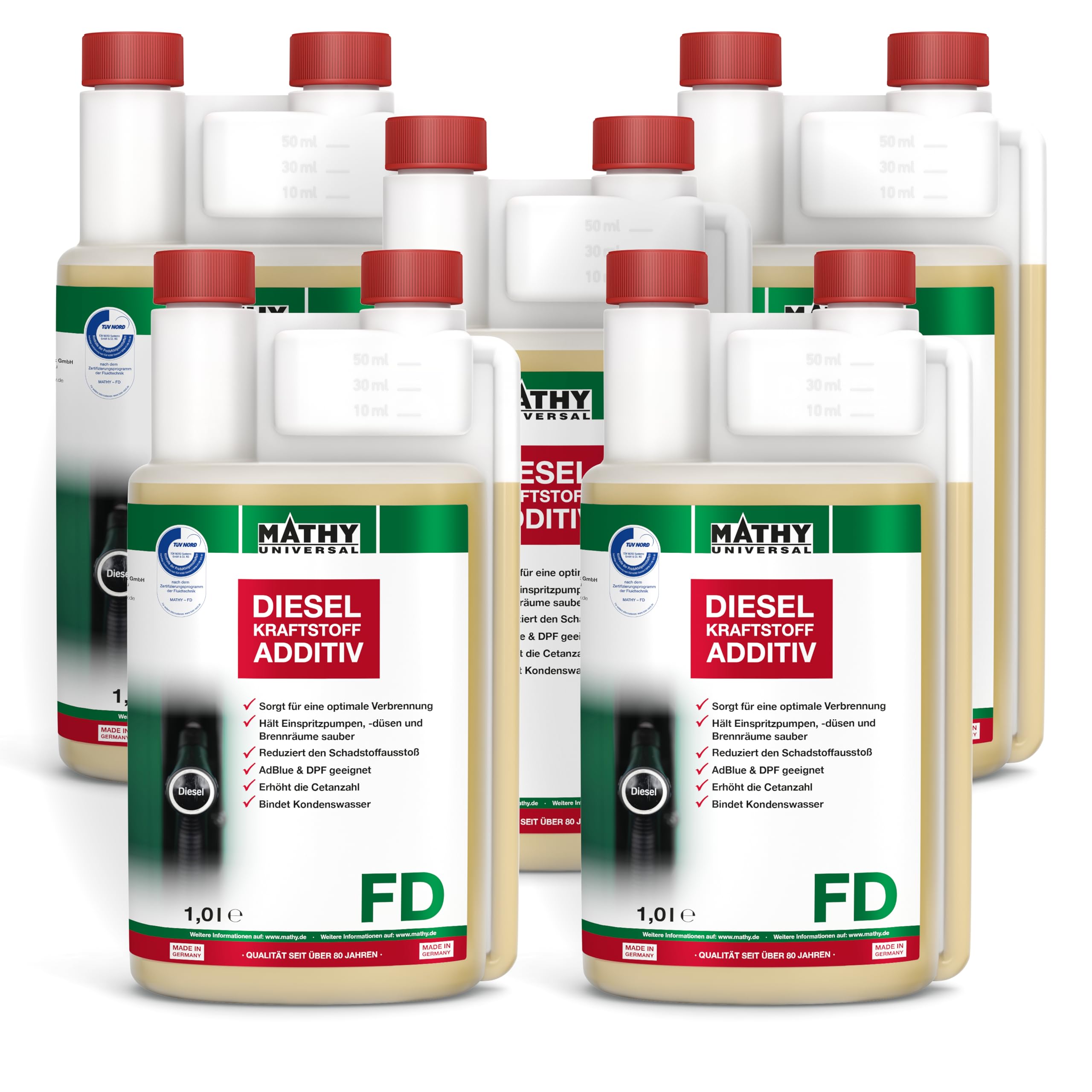 MATHY-FD Diesel-Pflege-Kraftstoffadditiv, 5 x 1 l, Additiv Systemreiniger | Dieseladditiv & Kraftstoffstabilisator, Hochkonzentrierte Reinigung für Dieselmotor, Reiniger bei jeder Tankfüllung