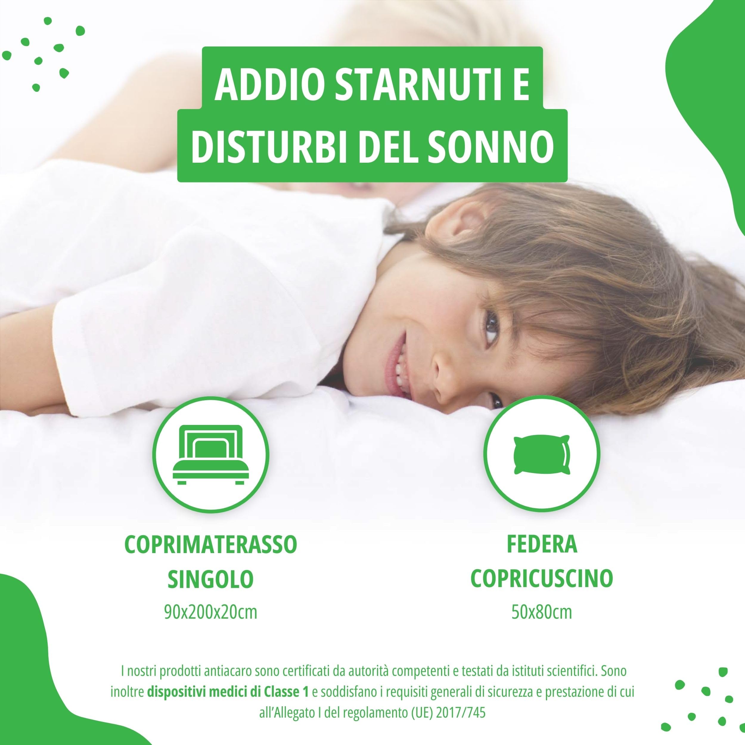 Allergosystem Set Coprimaterasso Antiacaro Singolo Cotone con Cerniera 90x200cm e Copriscuscino Letto 50x80cm - Dispositivo Medico Antiacaro e Anallergico MADE IN ITALY - Linea Cotone | Copriscuscino 50x80cm, Dispositivo Medico, Anallergico, Made in Italy