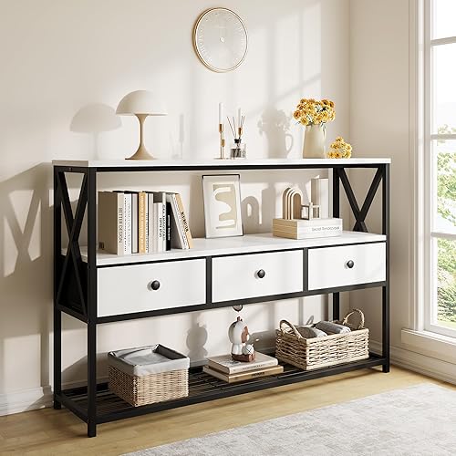 Miniatura 6 de Mesa consola de granja de 47 pulgadas con 3 cajones y estante abierto, mesa de sofá detrás del sofá con almacenamiento de 3 capas, mesa de entrada