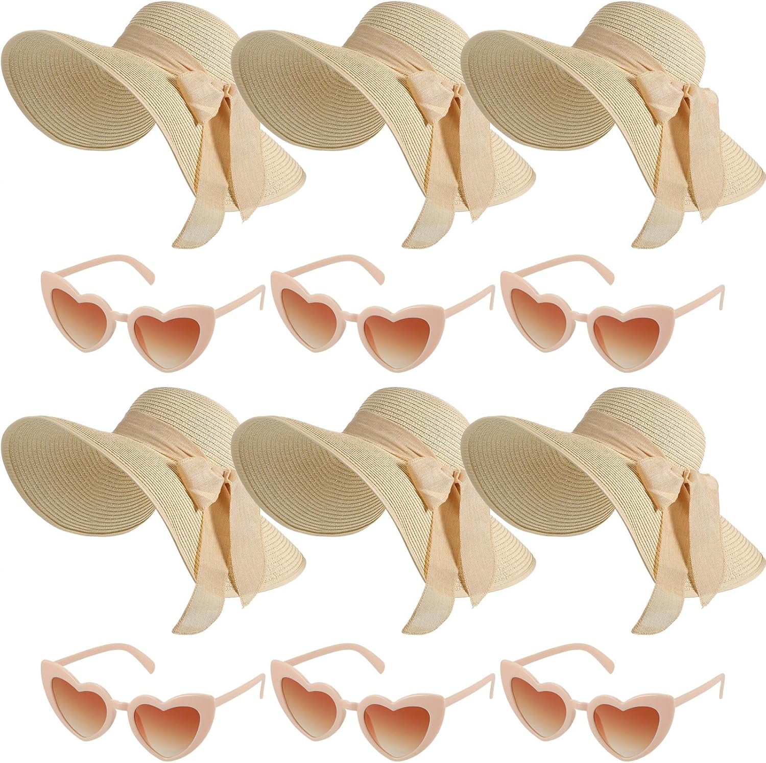 Jeyiour 12 Pcs Women Floppy Sun Hat and Heart Sunglasses Set, Wide Brim Straw Hats with Bow, Tea Party & Beach Pool Favors