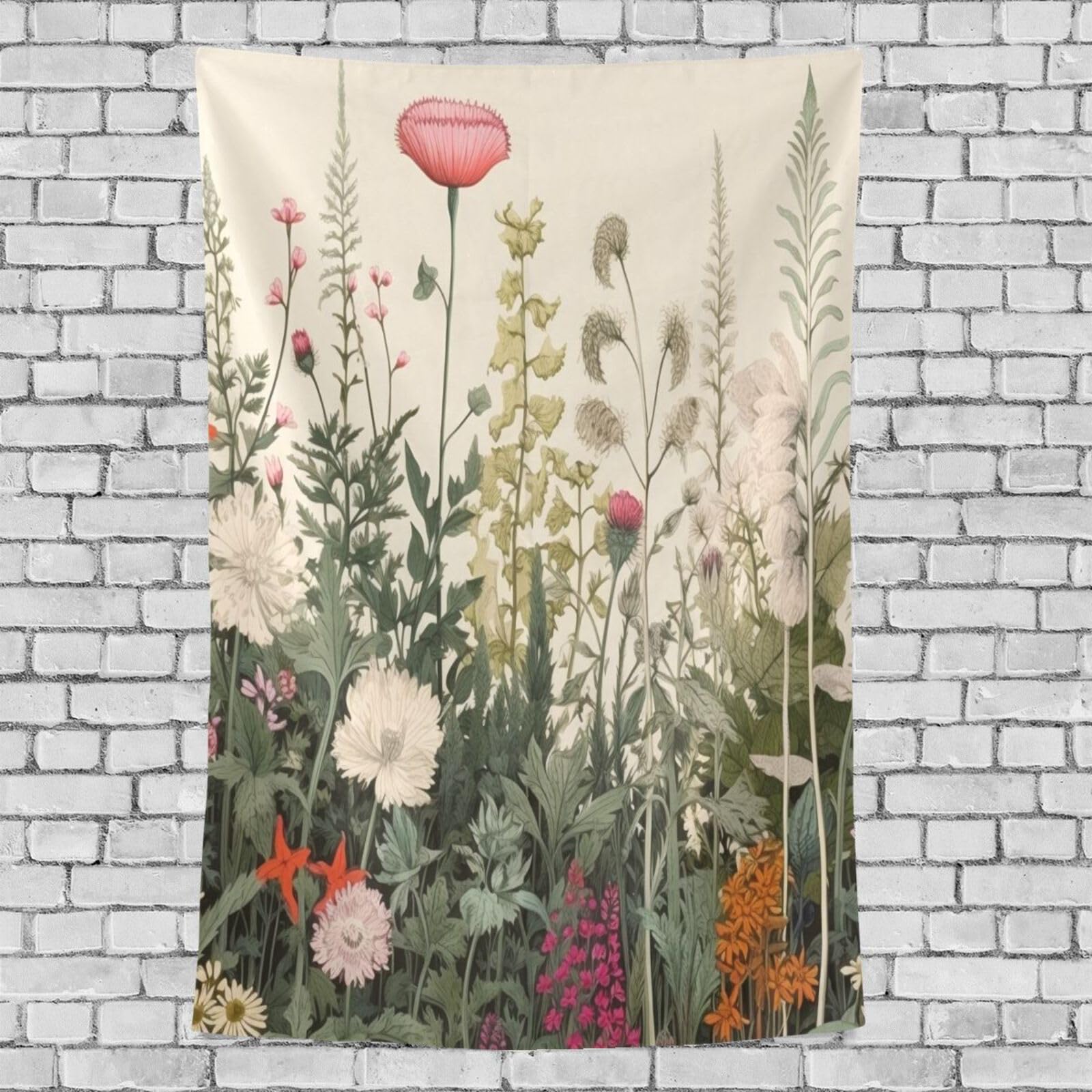 One Bear Herbs And Wild Flowers Botanical Vintage Tapestry Floral Border Vertical Wall Hanging Polyester Wall Art Tapestry Headboard Home Decor for Living Room Bedroom Black and White 60 X 80 Inch