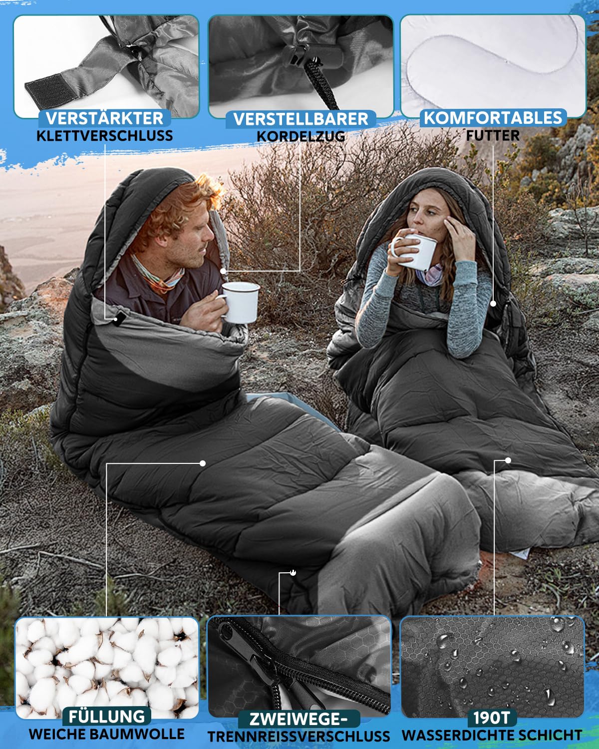 Schlafsack 3-4 Jahreszeiten, Outdoor Wasserdicht Ultraleicht Deckenschlafsack mit Innentasche für Erwachsene Kinder, Tragbare Kompakter Schlafsack für Camping, Wandern, Reise, 220 * 75cm