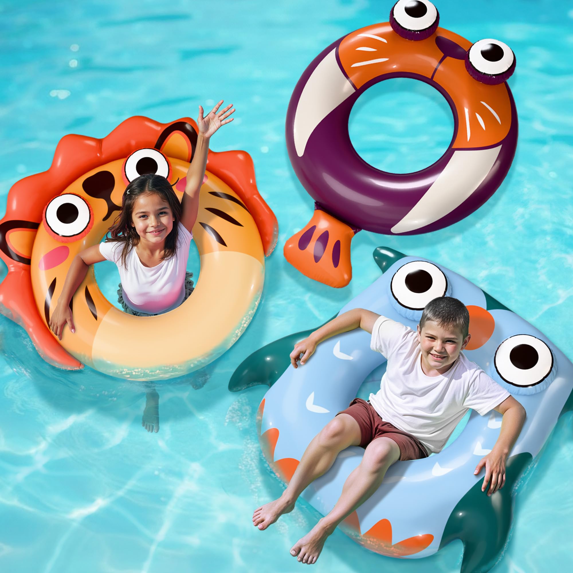 Pool Wave Kids Swim Rings Pool Floats, Toddler Inflatable Animal Swimming Tube Floaties, Summer Outdoor Water Floating Toy, Family Party Gift 3 4 5 6 7 8 9 Year Old Boy Girl Children Teen - 3 Pack