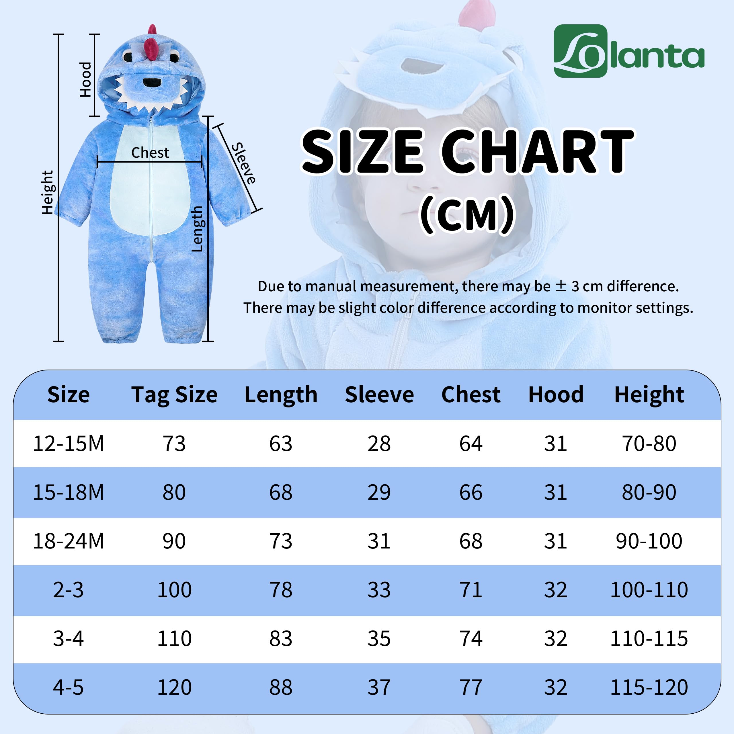 LOLANTA Costume da Dinosauro per Bambino Unisex, Costume da Animale con Cappuccio per Bambino, Tuta Sindacale in Flanella, Blu, 3-4 anni