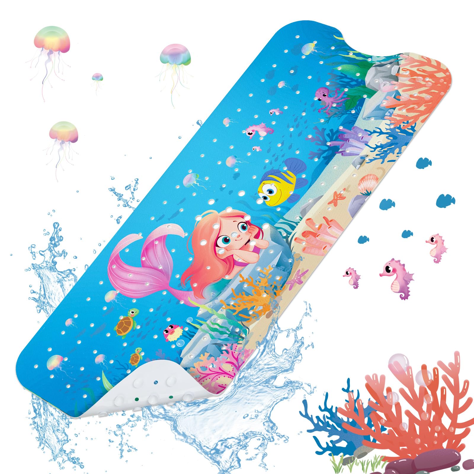 SHUCHING Babybadmat voor badkuip antislip - 100 x 45 cm extra lange antislip badmat voor kinderen, antislip douchemat met zuignappen en afvoergaten voor badkamer, machinewasbaar, jungledieren