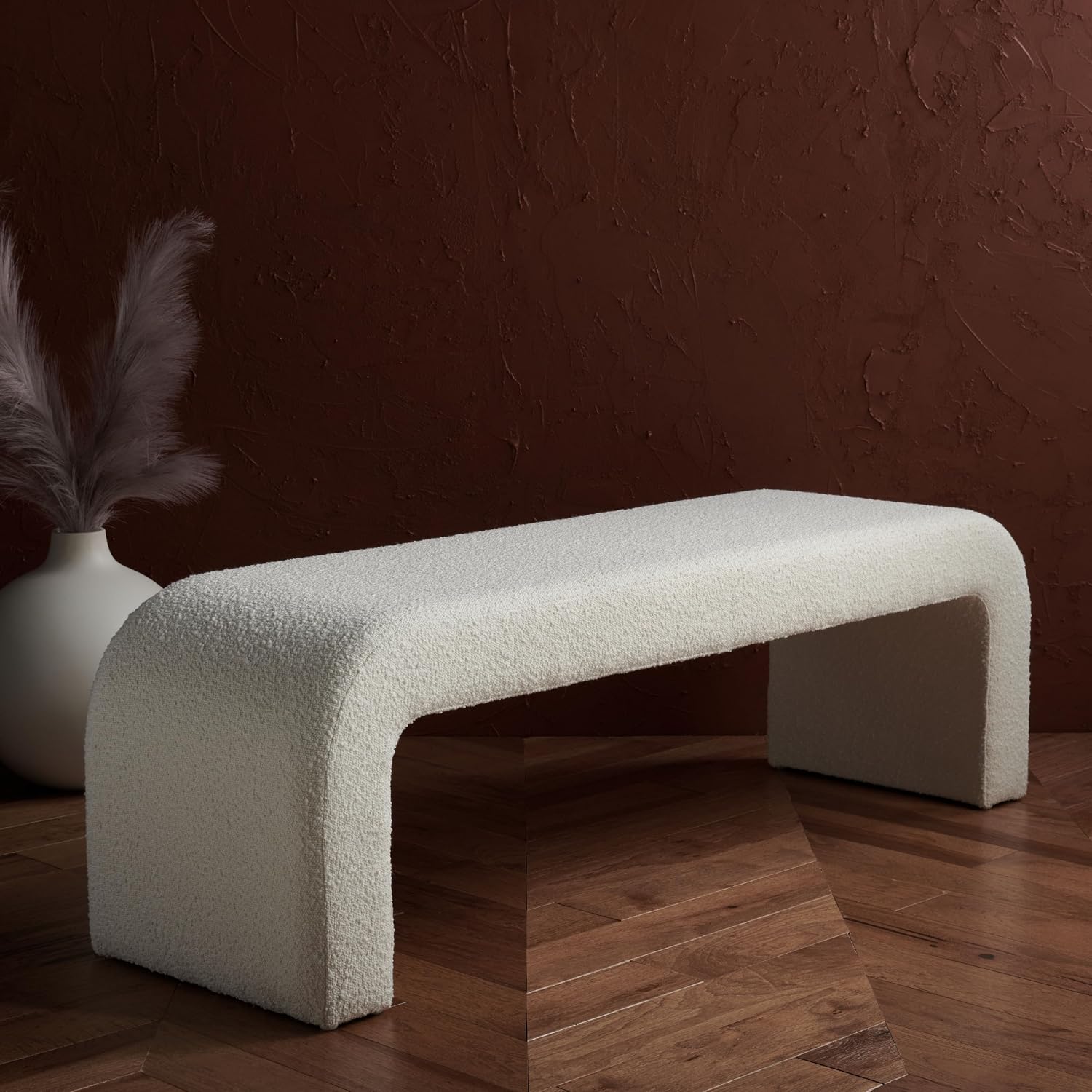 SAFAVIEH Couture - Caralynn Ivory Boucle Waterfall Upholstered Bench, Fully Assembled, 62.4" W x 18.1" D x 19.3" H (SFV5027A)