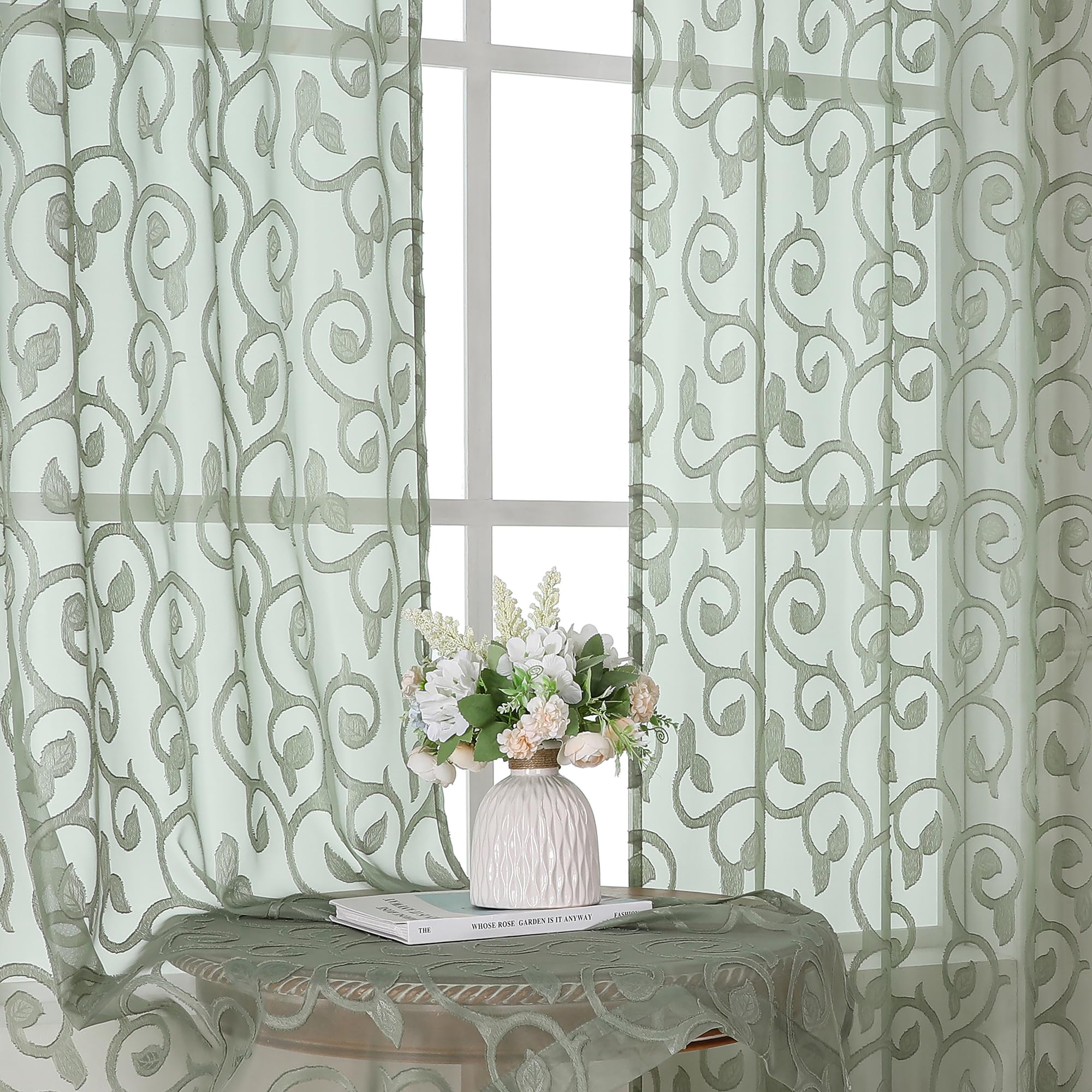 OWENIE Furman Sage Green Semi Sheer Jacquard Curtains 72"L x 40"W Rod Pocket 2 Panels