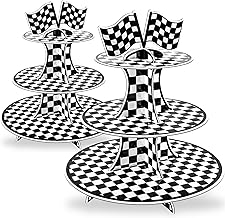 Pangu 2 Pack Race Car Cupcake Stand for Kids Birthday Party, Three-Tier Cars Birthday Decorations, Two Fast Racing Theme Party Supplies, White Cardboard Cupcake Tower Holder