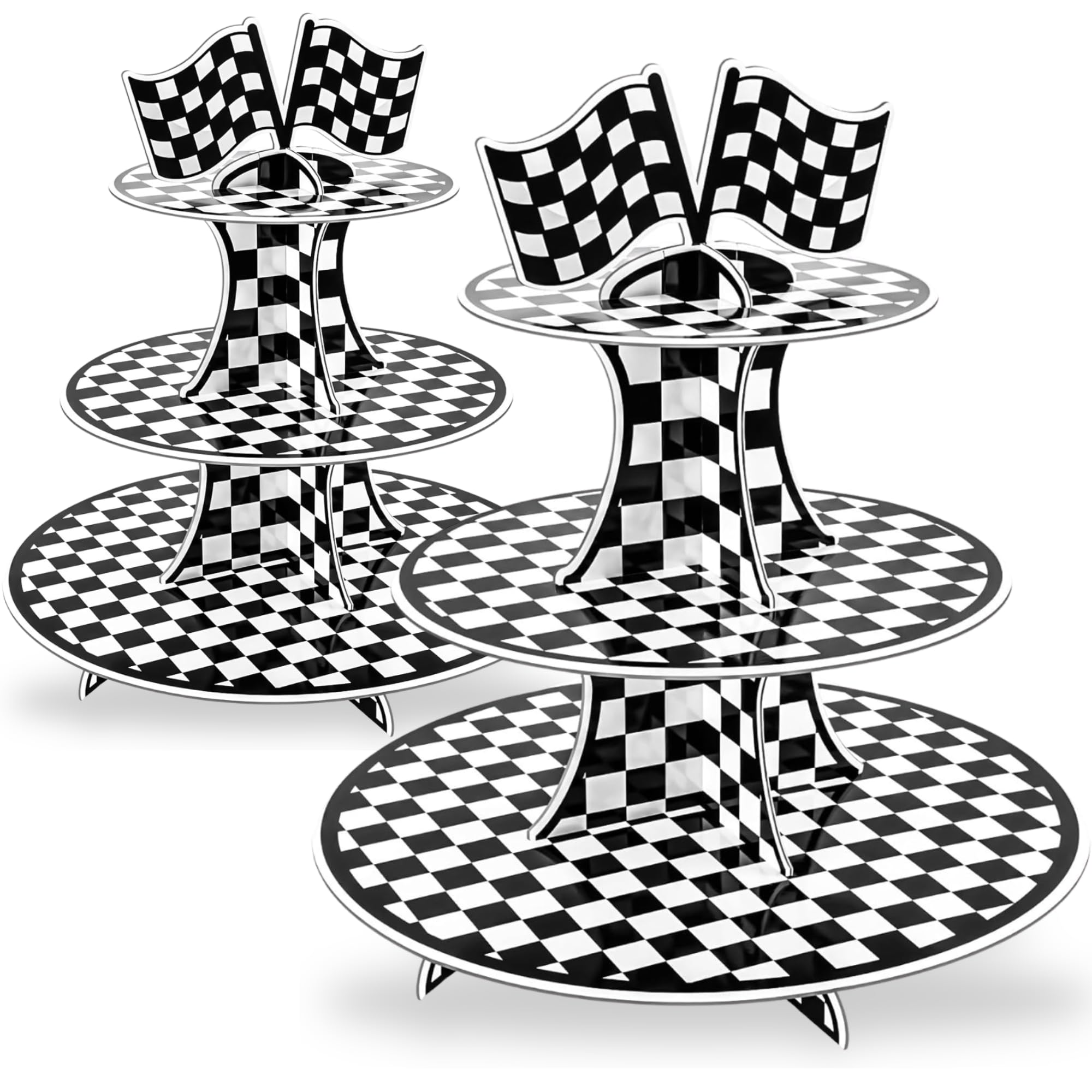 Pangu 2 Pack Race Car Cupcake Stand for Kids Birthday Party, Three-Tier Cars Birthday Decorations, Two Fast Racing Theme Party Supplies, White