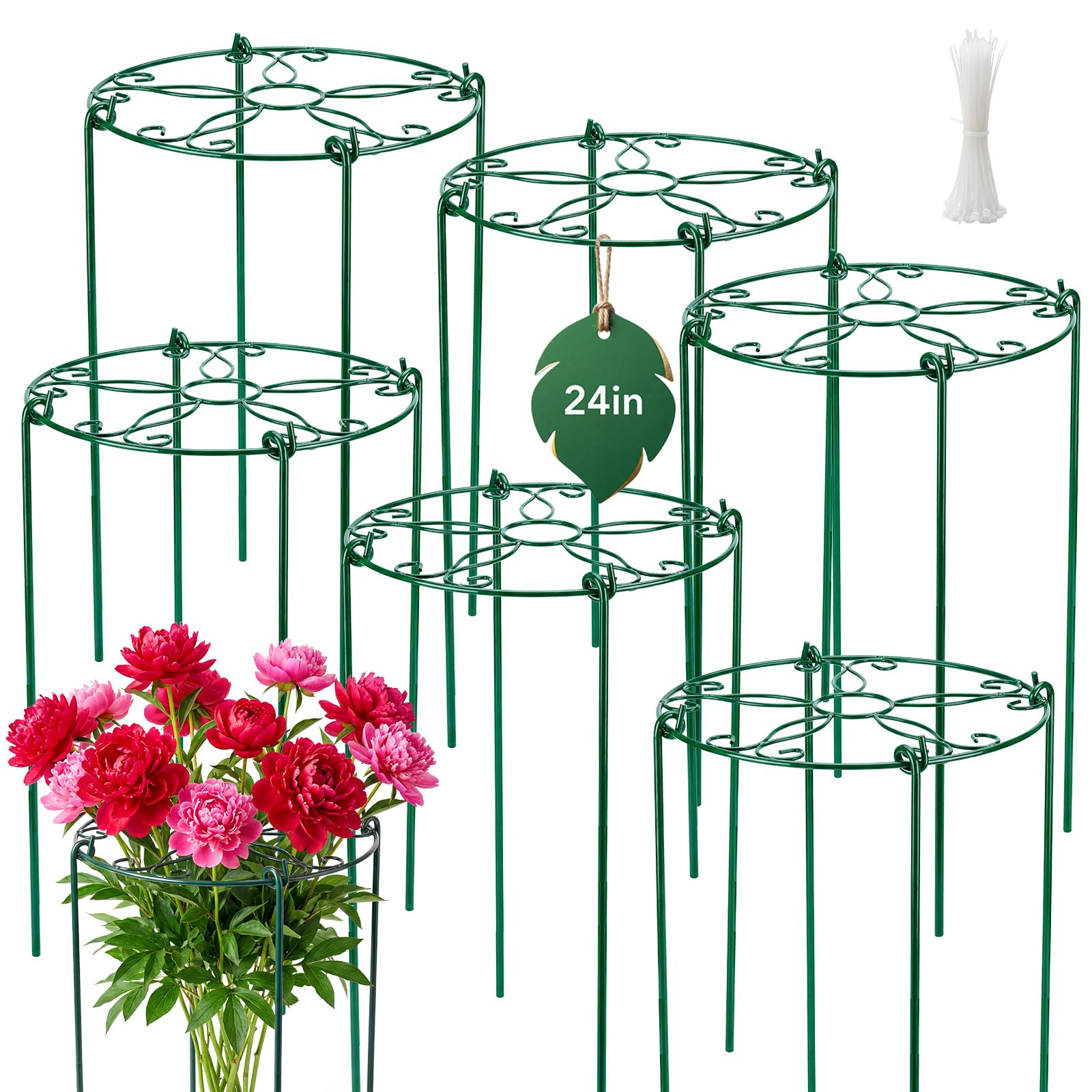 Round Peony Support Cage Grow Through Plant Supports for Outdoor Plants, Peony Ring Support Grow Through Grid Garden Stakes for Climbing Flowers, Metal Garden Supports 40x60cm, 6 Pack