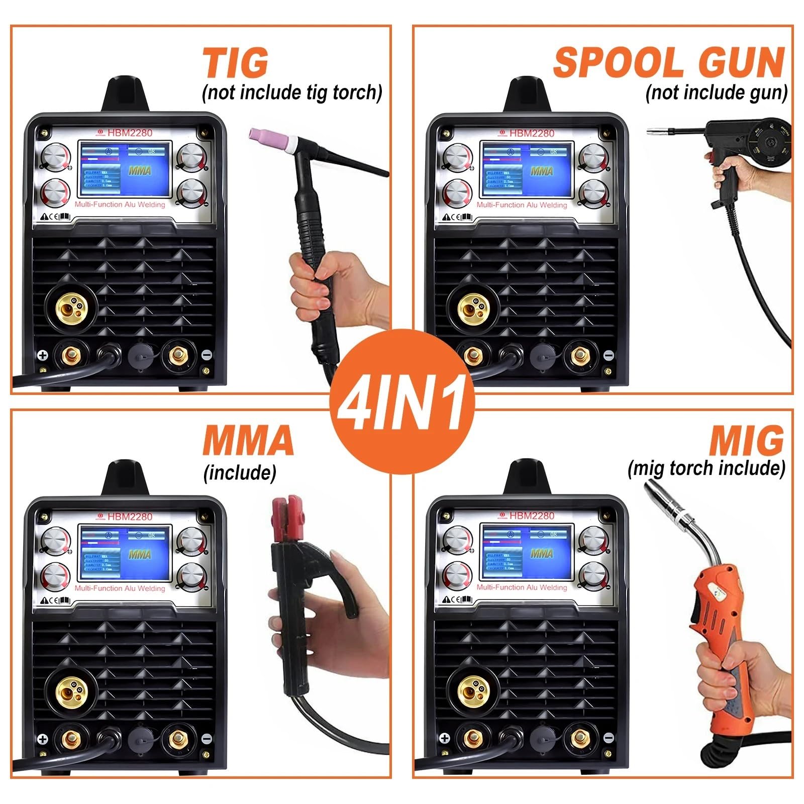 Przecinarka plazmowa 4 w 1 HBM2280 200A półautomatyczna spawarka inwerterowa spawarka gazowa bezgazowa MIG aluminium łuk MMA narzędzia Tig(With Tig Torch Glove)