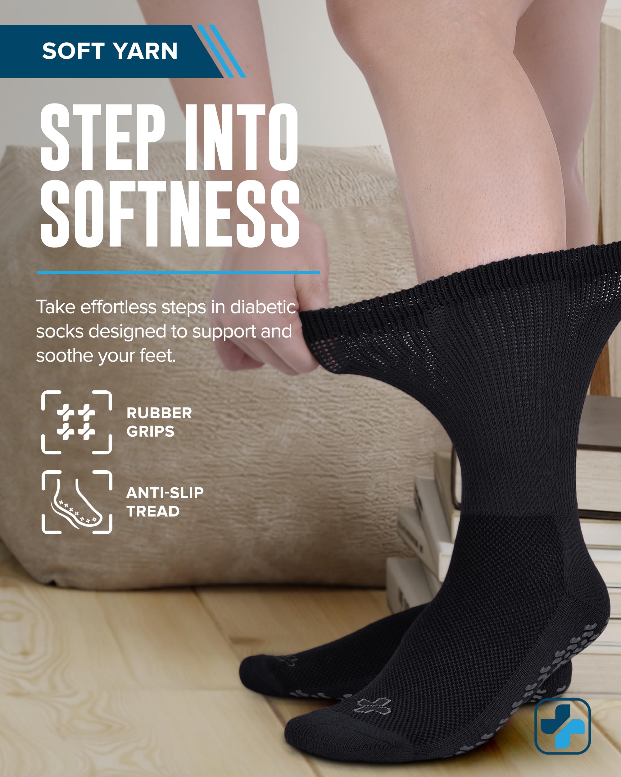 Doctor's Select Diabetic Socks for Men and Women - Non-Binding Neuropathy Socks for Diabetics Men | Non Grip & Grip Socks: Black - 4 Pairs (Grip) Medium
