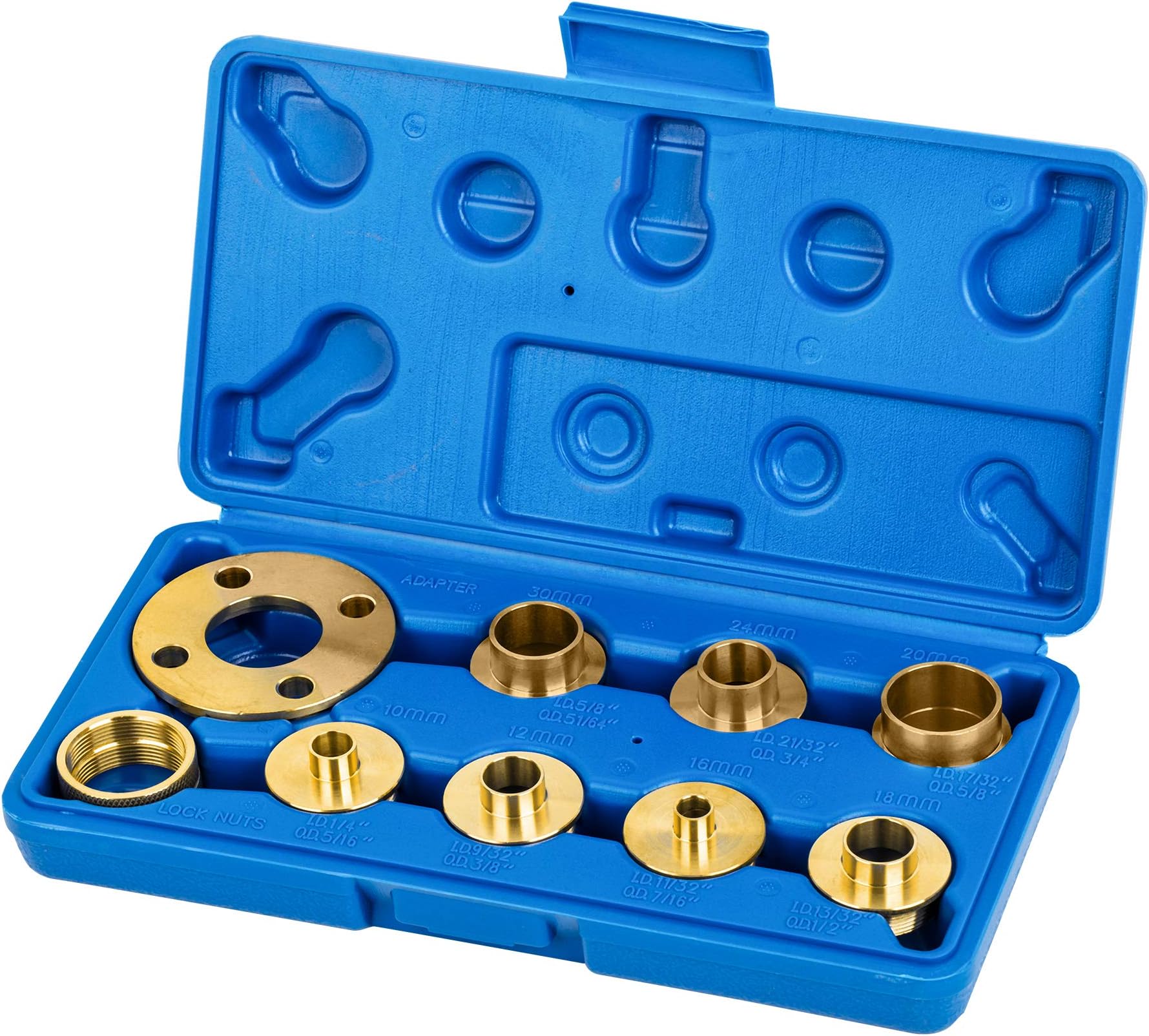 KATSU Tools 10Pcs Brass Router Guide Bush Bushing Set, High Precision Router Template Guide Lock Nut and Adapter Kit with Case, Metric 105436