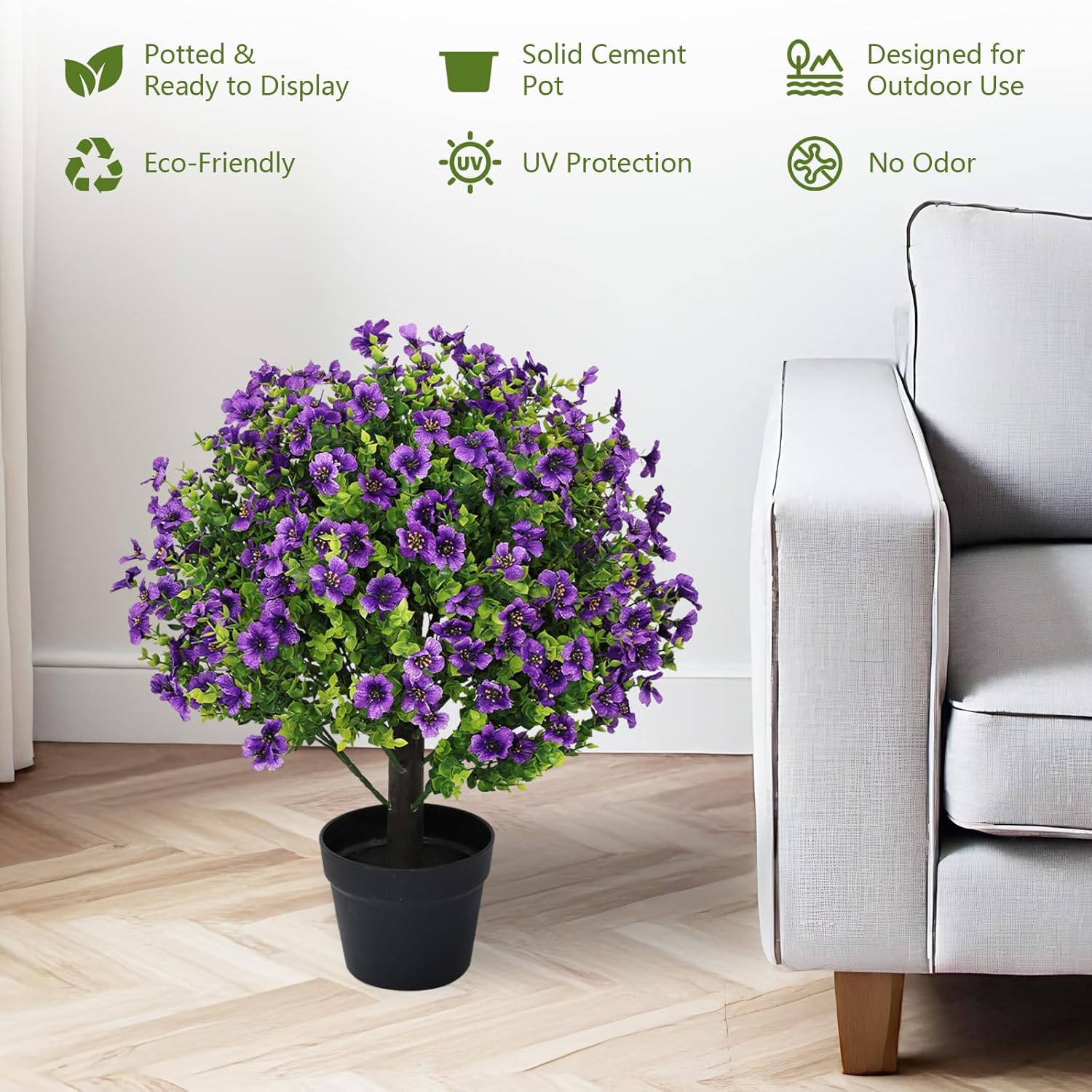 24" Artificial Eucalyptus Potted Plants Outdoor Set of 2 – UV Resistant Faux Topiary Greenery Fake Mums with Purple Silk Flowers in Cement Pots for Front Porch & Patio Outside Spring Decor