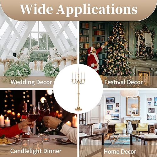 Miniatura 7 de Sziqiqi Candelabro dorado para centro de mesa, candelabros altos de 5 brazos, portavelas cónico de metal para mesa centros de mesa florales para