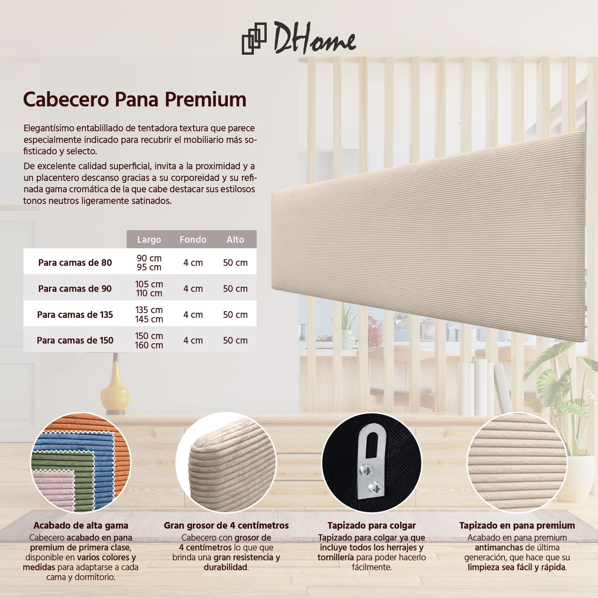 DHOME Cabecero de Pana Liso Alta Gama Moderno Cabezal Tapizado Cama Lujo Dormitorio Acolchado (Beige, 145 cm)