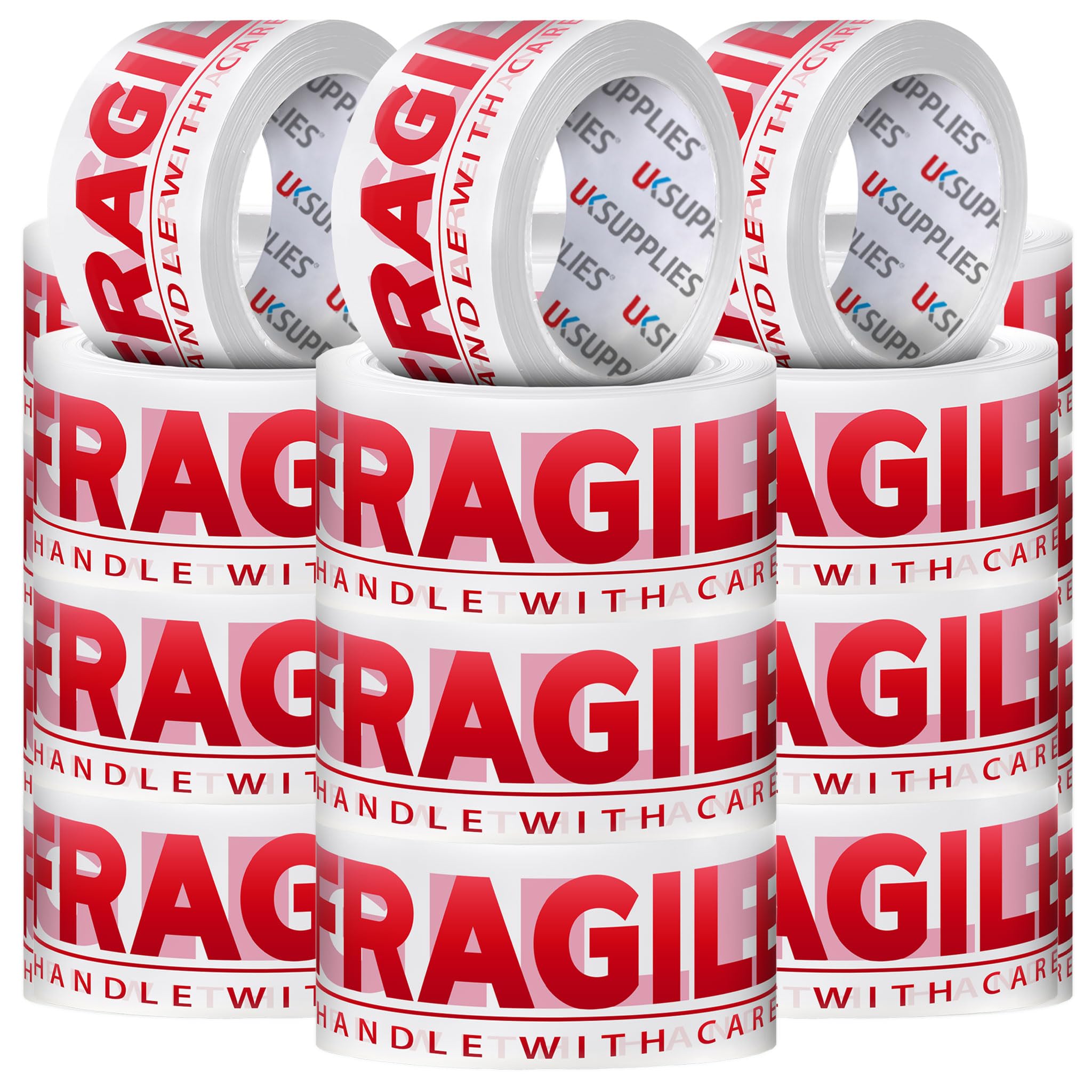 UK SUPPLIES LIMITED 36 Rolls LOW NOISE Premium Fragile Handle With Care Packaging Tape (All Pack Sizes) 48MM X 66M Strong Secure Sticky Durable Parcel Sealing Tape for Packing Boxes & Moving Houses