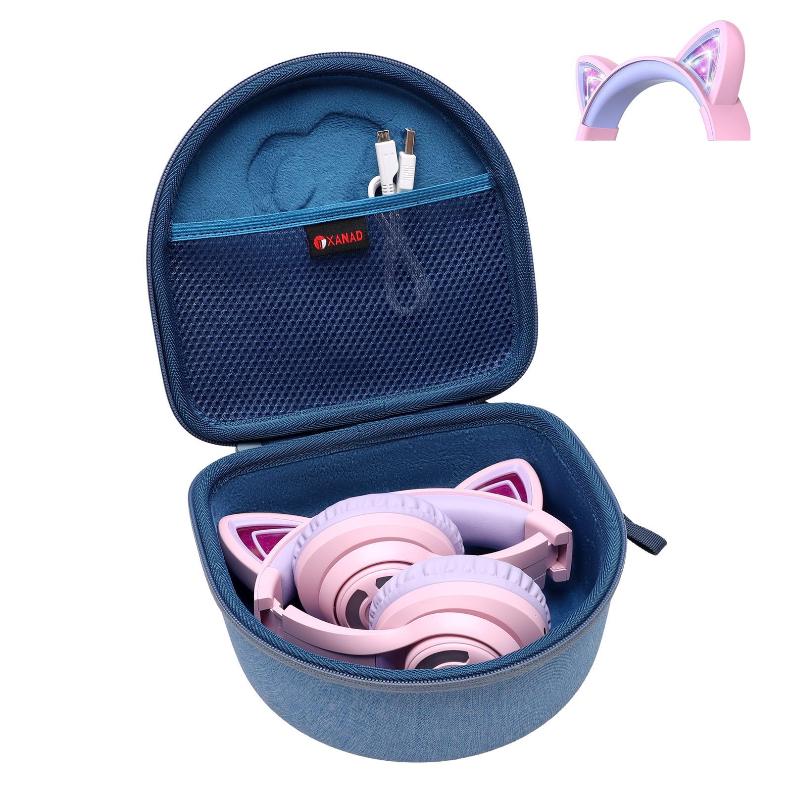 XANAD Custodia per cuffie per bambini Riwbox CT-7 rosa/per Jack CT-7S Cat Green 3,5 mm/per iClever IC-HS01/per Picun/per cuffie FosPower con orecchie di gatto illuminate a LED, solo copertura per