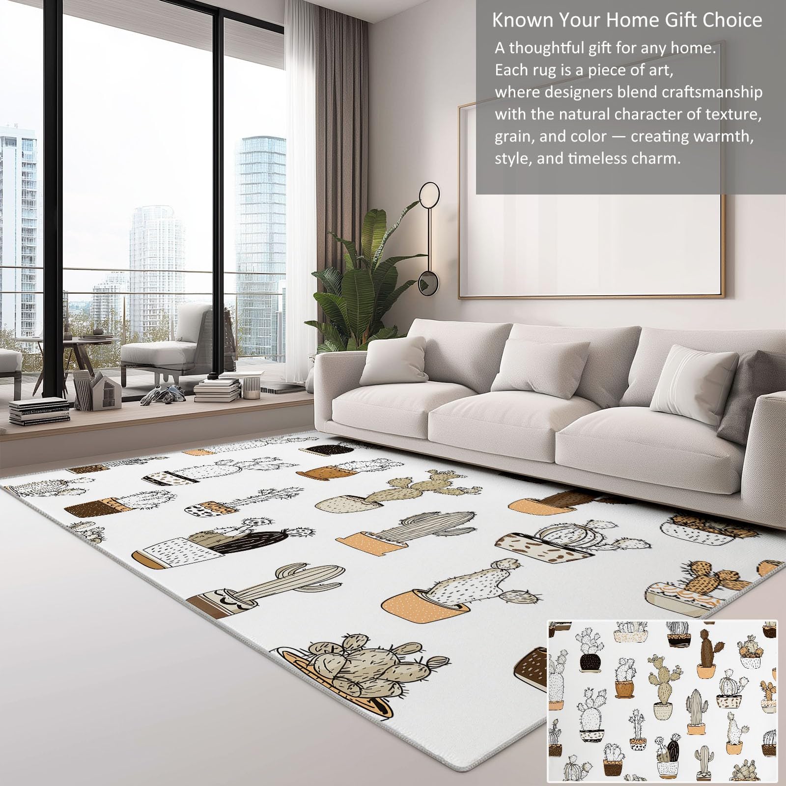 Générique Minimalizm ręcznie rysowany kaktus dywan do salonu 160 x 230 cm wewnętrzny antypoślizgowy dywan, miękki dywan z krótkim włosiem nadający się do prania - do salonu, sypialni i jadalni