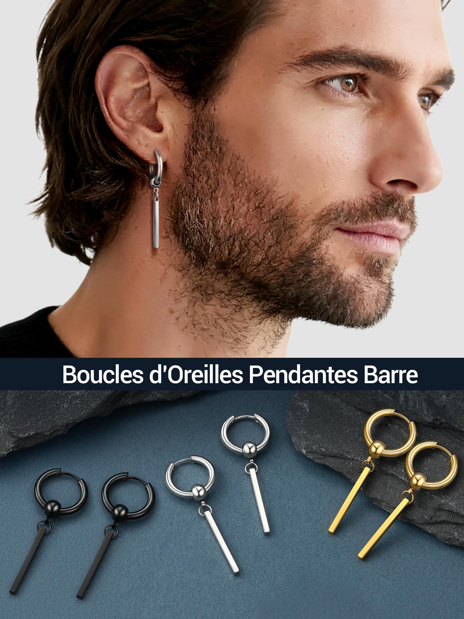 PROSTEEL Boucles d'Oreilles Homme, Créoles 12mm avec Pendantes Barres en Acier Inoxydable/Plaqué Or/Noir, Hip Hop Drop Earring, Style de Rue