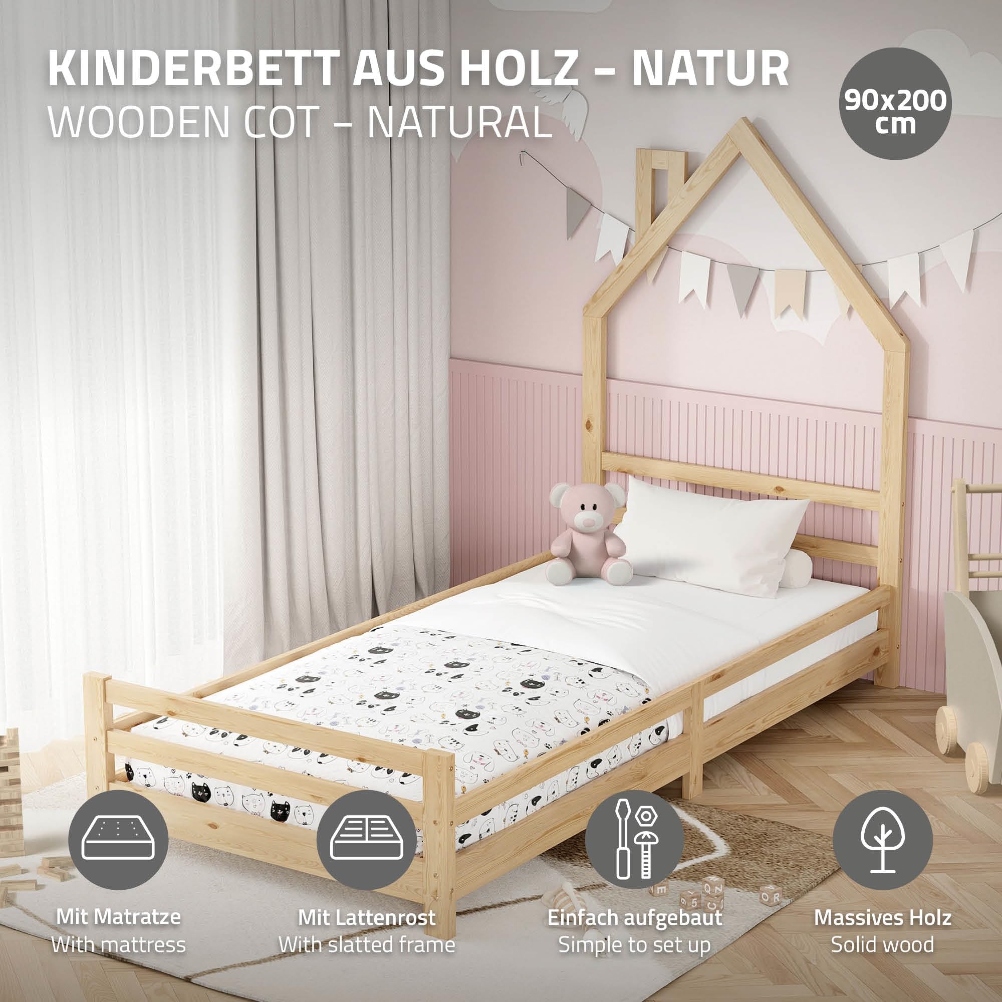 ML-Design Cama Infantil 90 x 200 cm en Forma de Casa con Colchón 16 cm, Cuna Individual de Madera de Pino con Somier de Láminas y Diseño de Casita con Chimenea, Litera Maciza Juvenil de Juego