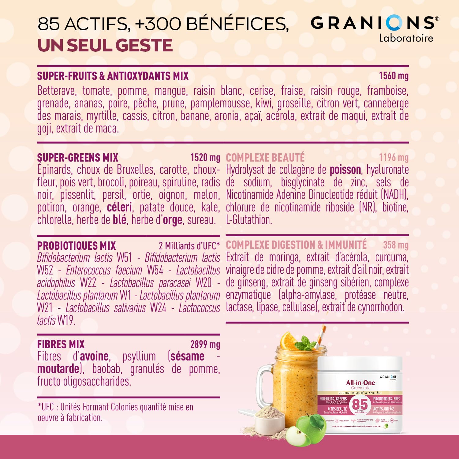 GRANIONS ALL-IN-ONE GREEN MIX BEAUTÉ & ANTI AGE - Collagene Marin - Acide Hyaluronique - Zinc - Biotine - Collagène - Peau, Hydratation & Digestion - Cure 20 à 40j