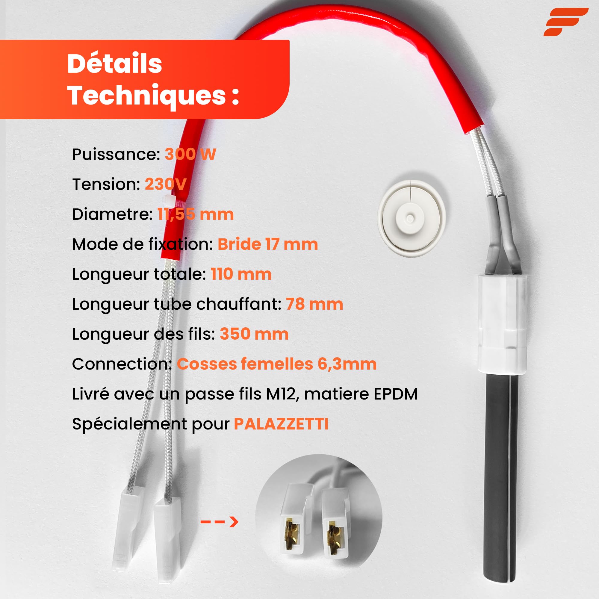 Bougie céramique pour poêle à granulés SPECIAL PALAZZETTI/EDILKAMIN/RAVELLI – PSx 2-240-B – 300W Ø11,55mm 78/110mm bride 17mm – Pièce OEM origine Japon – GARANTIE 2 ans