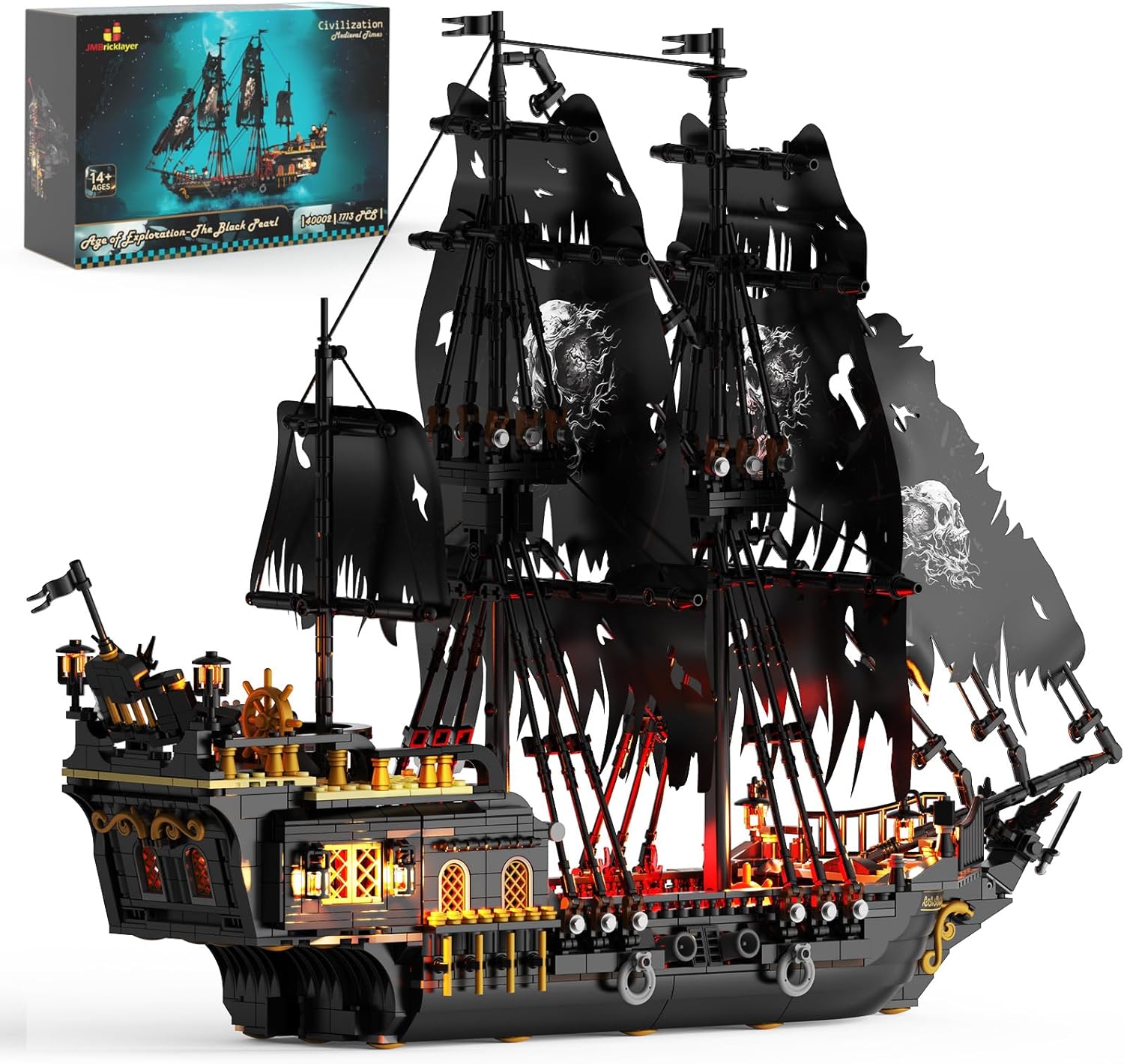 Product image of JMBricklayer Pirate Ship Building Toys with Lights, Pearl Pirate Ship Model Boat Kit 40002, Black Ship Toy Building Sets for Adult Teens 14+, Home Office Decor(1713 PCS) New Upgrade