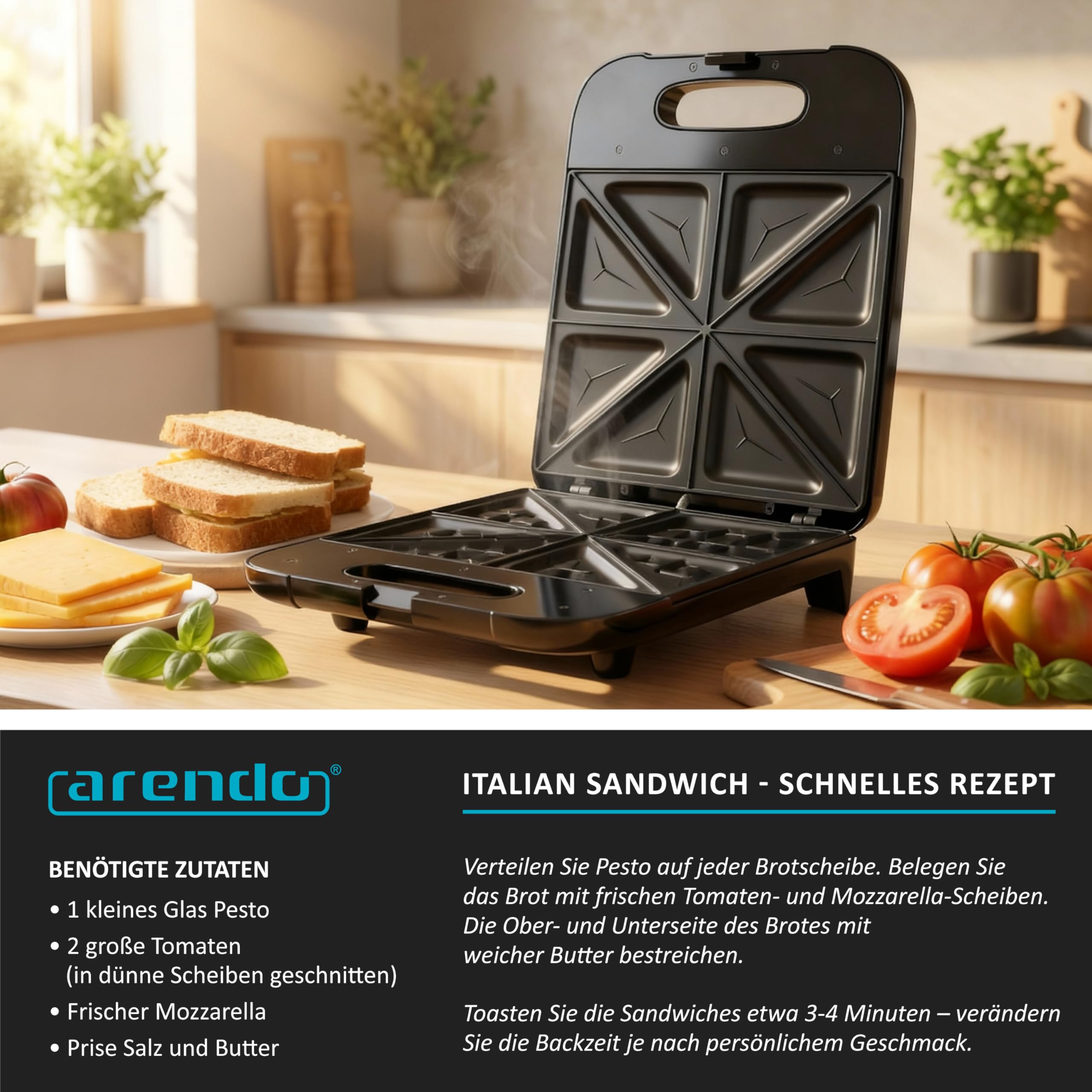 Arendo - Sandwichmaker XXL – für 4 Sandwiches – 1400 W – Sandwichtoaster mit Antihaftbeschichtung – Schnellaufheizung – automatische Temperaturregelung – integrierte Kabelaufwicklung – rutschfeste Füß