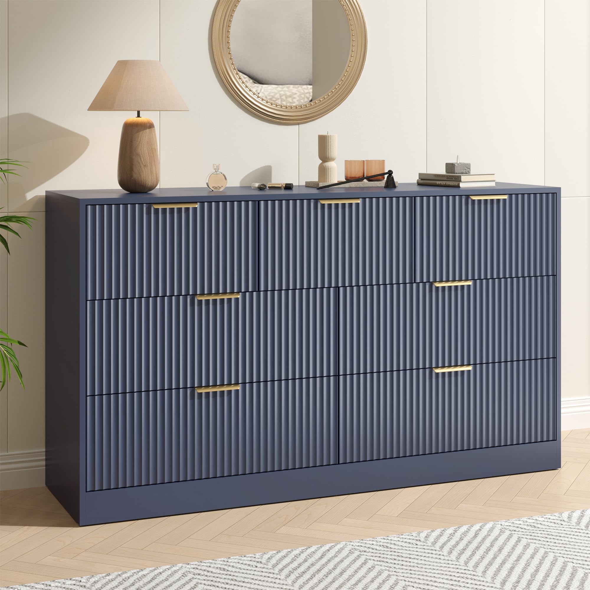 55" Wide Fluted Dresser for Bedroom with 7 Drawers, Blue