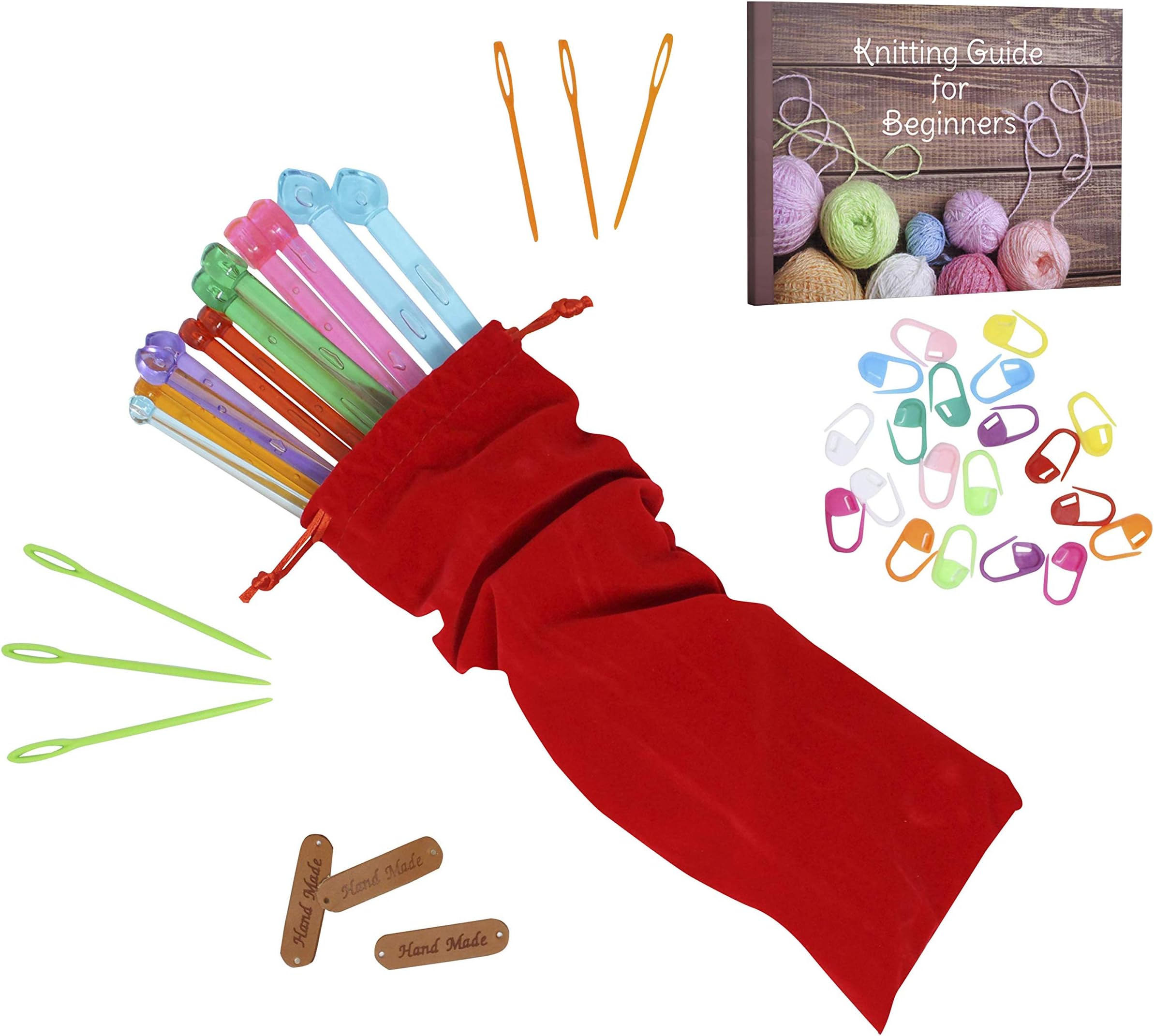 KnitPal 10-inch (25cm) Plastic Straight Knitting Needle Set of 7 Sizes of 6,7,8,10,11,13 & 15, Great for Kids and Adult Beginners, Great Gift for Knitters, with 34-pcs Essential Tools (10 Inches)