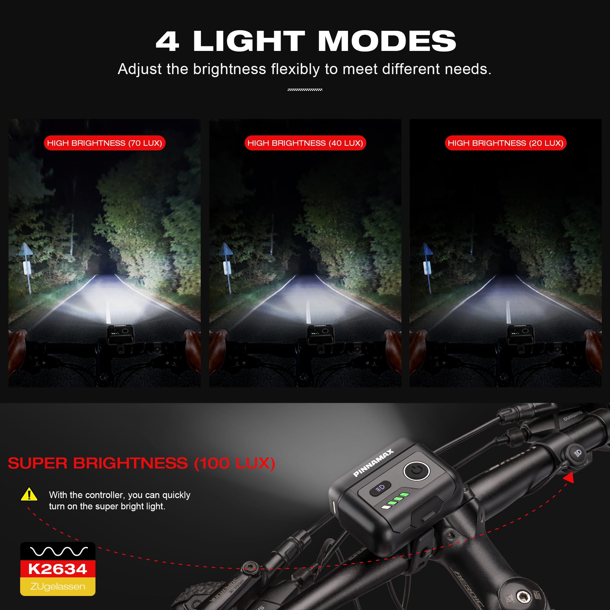 Kit d'éclairage de vélo homologué StVZO - Rechargeable par USB - Avec feu avant et arrière - 100 lux - Lumière avant et arrière avec capteur de freinage - Étanche IPX5 - Éclairage LED