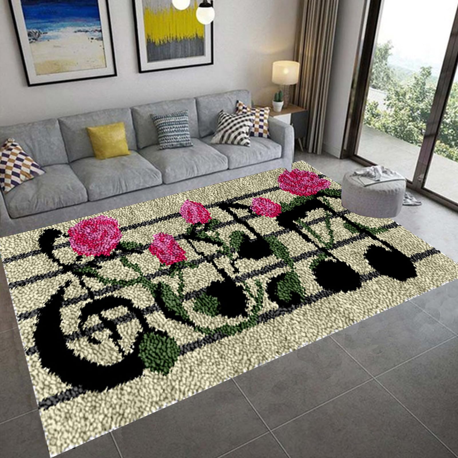 Kit Tapis Au Point Noué 45x70 Cm – Crochet Latch Hook DIY Avec Toile Pré-imprimée, Crochet, Fils – Idéal Déco Maison Et Loisirs Créatifs