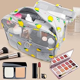 LAKIBOLE Travel Essentials Organizer Bag for Women Toiletry Bag Hanging Multifunction Cosmetic Bag Portable Makeup Pouch Waterproof (Grey & Lemon)