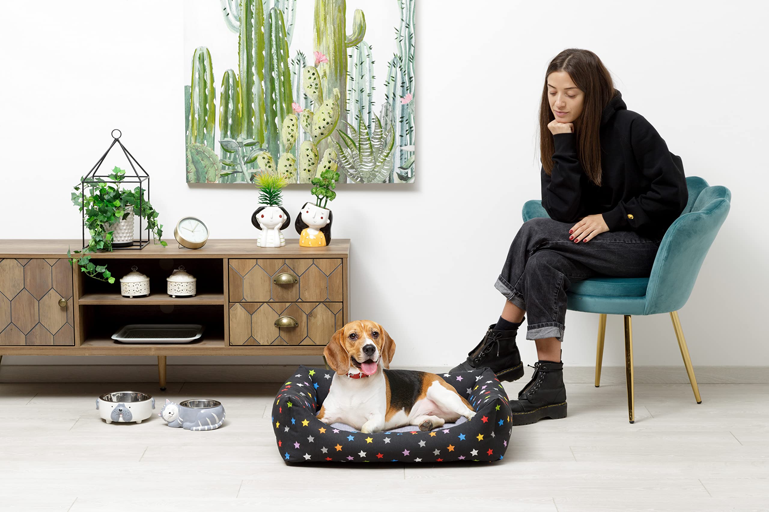 Baroni Home Cuccia per Cane in tessuto Grigio e Stelle Taglia M 60x70 cm, Morbido Divano Rettangolare, Comodo, per Camera da Letto Salotto Corridoio, Lavabile